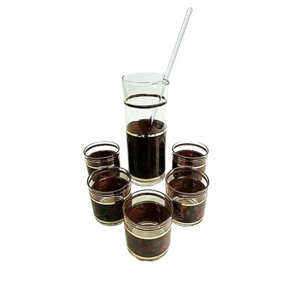 Vintage MCM Culver Barware Cocktail Pitcher Tumbler Stir Stick Set Tortoise Prin - Picture 1 of 8